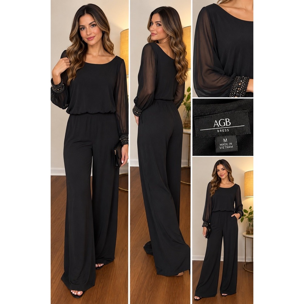 AGB Dress Black Wide Leg Jumpsuit Sheer Beaded Cuff Rhinestone Medium